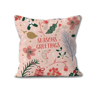Christmas Cushion or Throw Pillow.  Seasons Greetings festive design with botanical plants
