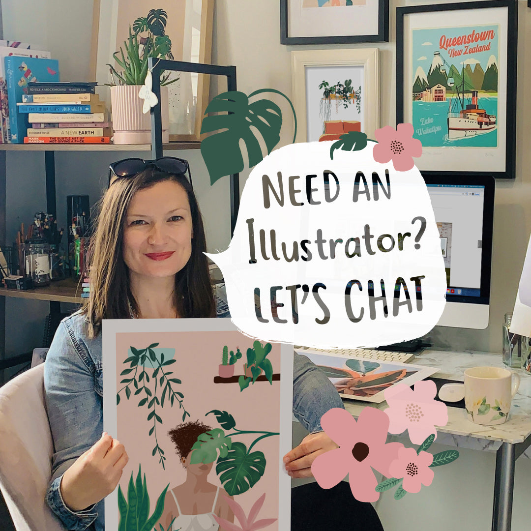 Illustrator Emma Peers holding her Botanical art print in her studio in Queenstown