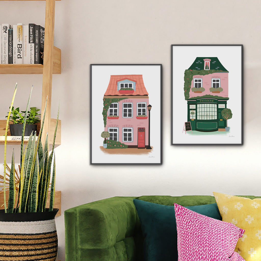 Mock up of artwork by Studio Peers.  Patisserie French Bakery and Little Pink House set in a living room.