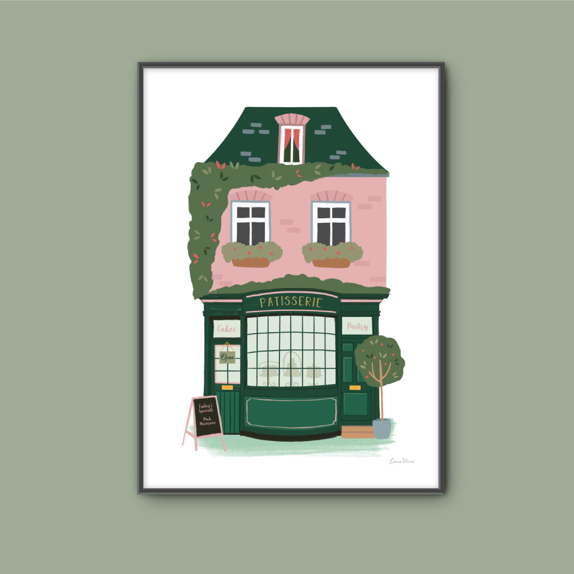 Wall Art Print of Patisserie French Bakery selling cakes and pastries in Parisian street.  Framed mock of pink and green terraced house and shopfront illustrated by Studio Peers