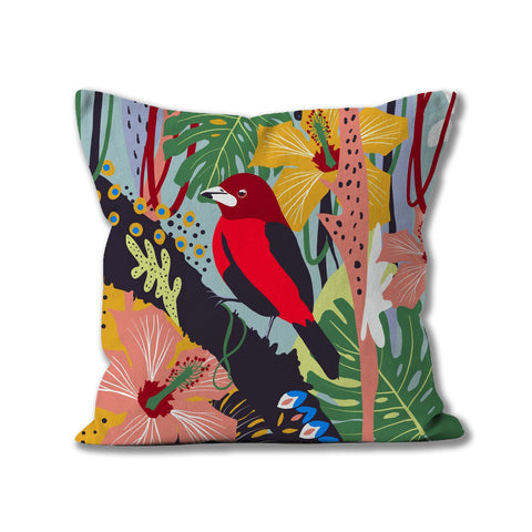 Tropical floral Tanager bird cushion.  Illustration of the rainforest with reds, pinks. greens and mustard colourful
