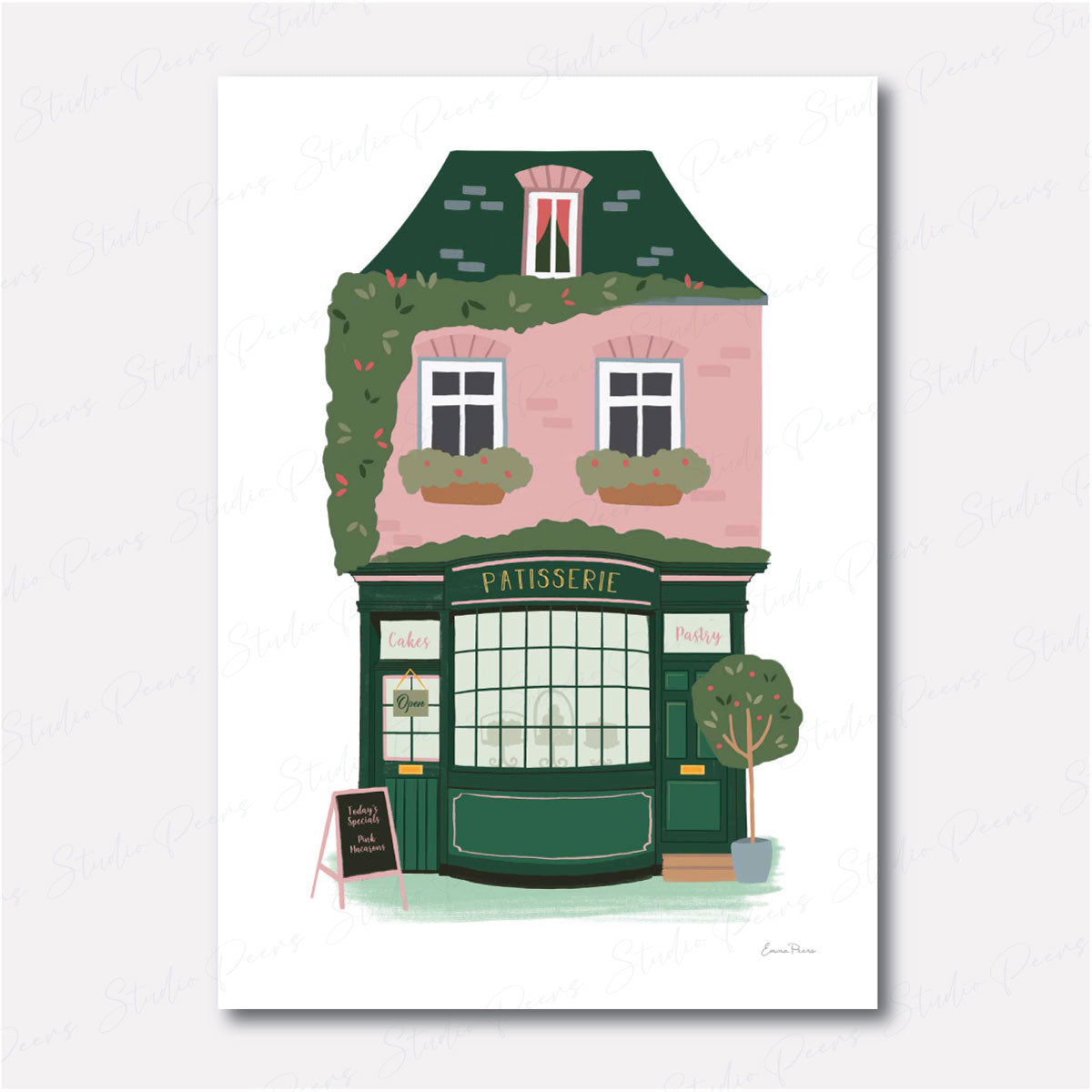 Wall Art Print of Patisserie French Bakery selling cakes and pastries in Parisian street.  Watermarked and illustrated by Studio Peers