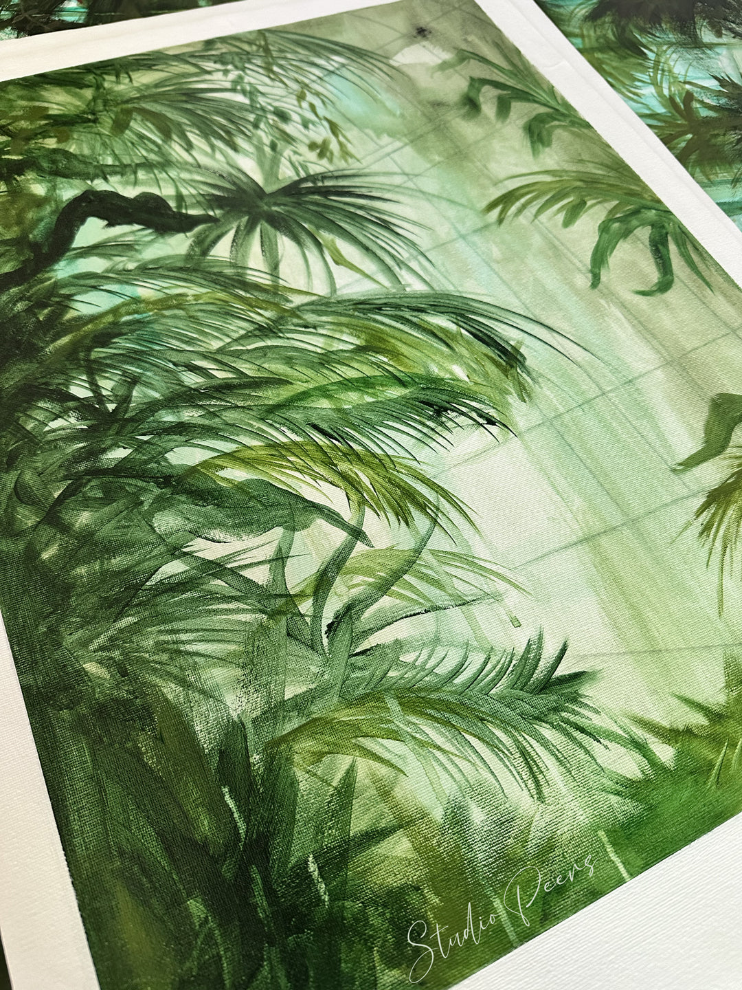 Original botanical painting featuring lush palm foliage inspired by tropical landscapes. The artwork highlights rich green tones and layered leaves, capturing the beauty and vitality of rainforest plant life.