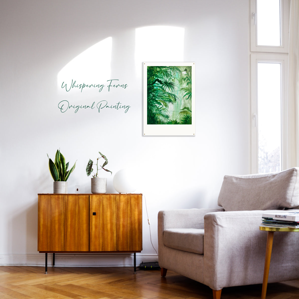 Mock-up of an original botanical painting featuring lush palm foliage inspired by Brazil’s tropical landscapes. The artwork highlights rich green tones and layered leaves, capturing the beauty and vitality of rainforest plant life.