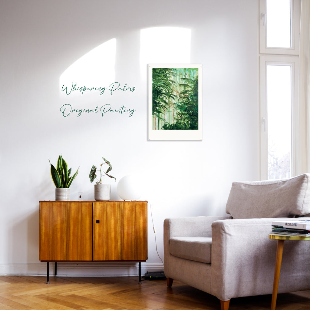 Mock of in living room of Original botanical painting of greenhouse and palms trees.  Greens and soft light shining through.  Studio Peers