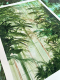 Original botanical painting of greenhouse and palms trees.  Greens and soft light shining through.  Studio Peers