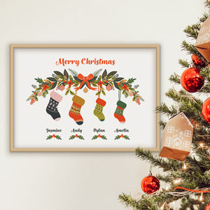 Customisable personalised name Christmas Print by Studio Peers.  Merry Christmas decoration with Stockings and personalised family names.