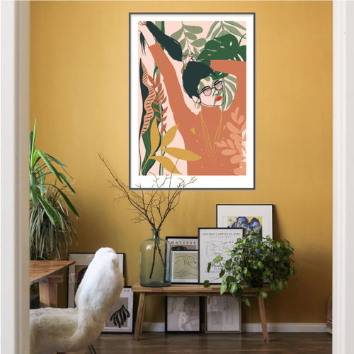 Wall Art Illustrated by Studio Peers.  Botanical and Autumn colours.  Foliage and female fixing her hair.