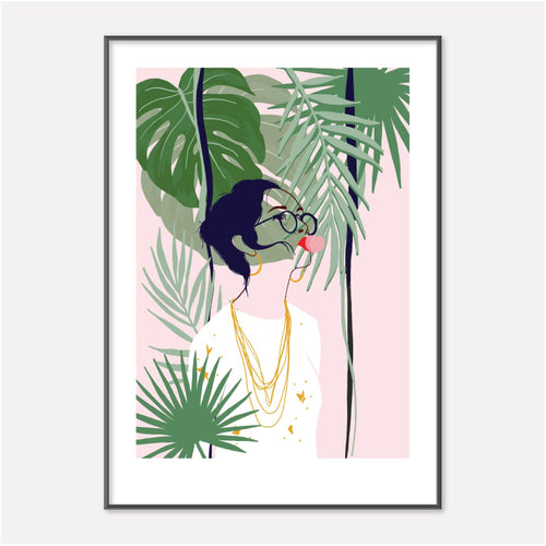 Illustration of woman blowing bubbles surrounded by plants and foliage