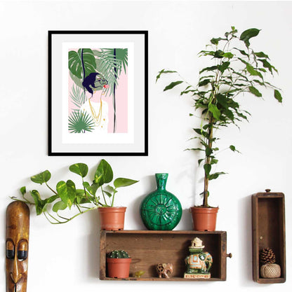 Art Print of woman blowing bubbles surrounded by plants and foliage