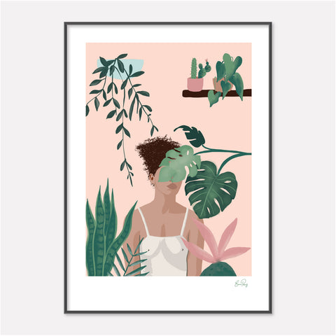 Botanical Art Print of woman surrounded by her house plants by Studio Peers