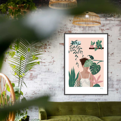 Botanical Art Print of woman surrounded by her house plants by Studio Peers