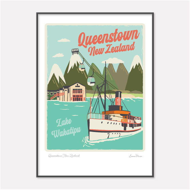 Travel Poster of Queenstown New Zealand by Illustrator Emma Peers from Studio Peers