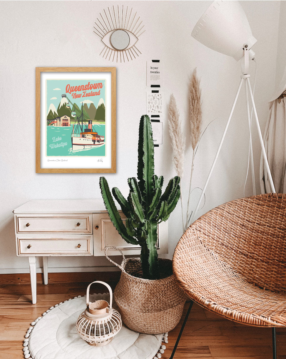Illustration Art Print of Queenstown, New Zealand by Studio Peers showing lake wakatipu, skyline gondola and The Earnslaw