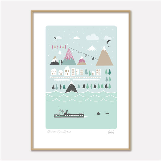 Travel Poster and Illustrated Map of Queenstown New Zealand by Studio Peers