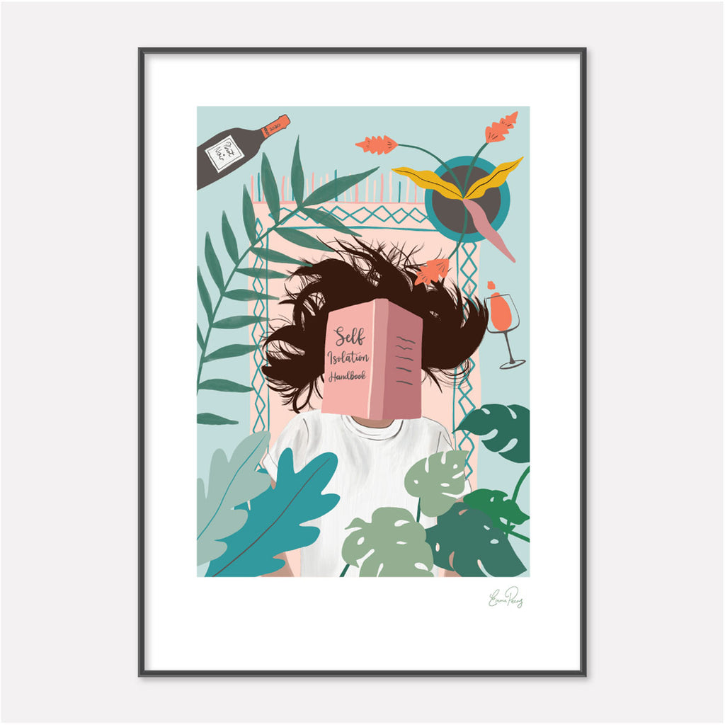 Self Isolation Illustration of woman on a rug surrounded by wine and plants by Studio Peers