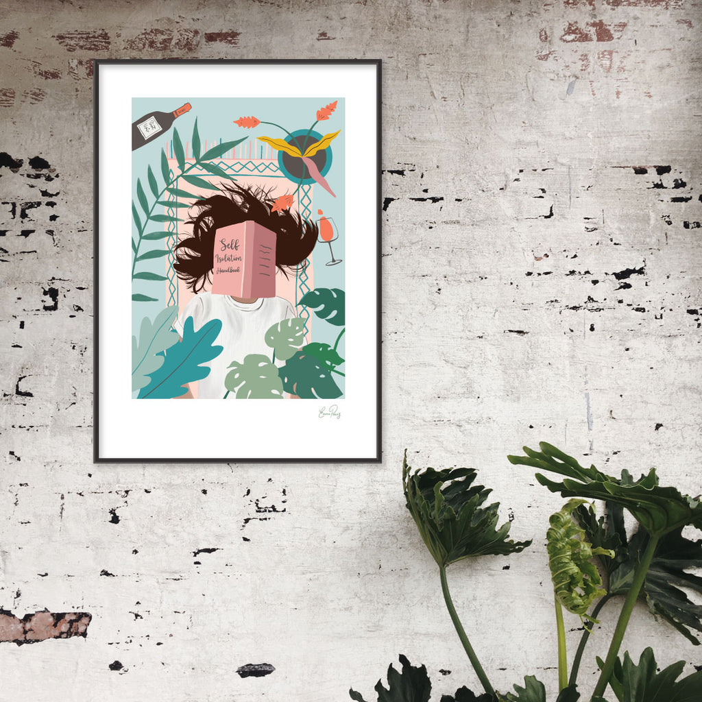 Self Isolation Illustration of woman on a rug surrounded by wine and plants by Studio Peers