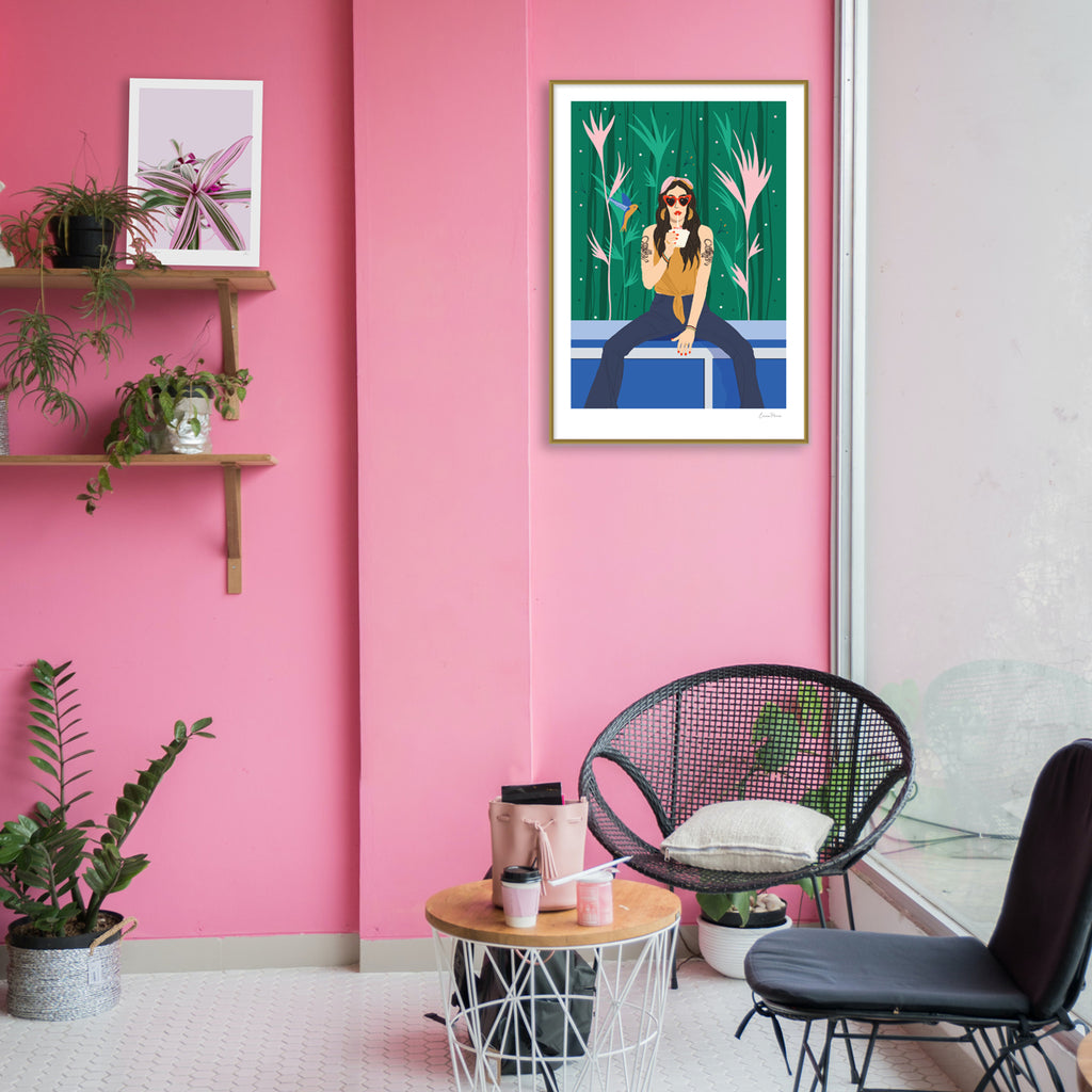 Colourful Illustration of 50's girl drinking a milkshake with floral background by Studio Peers