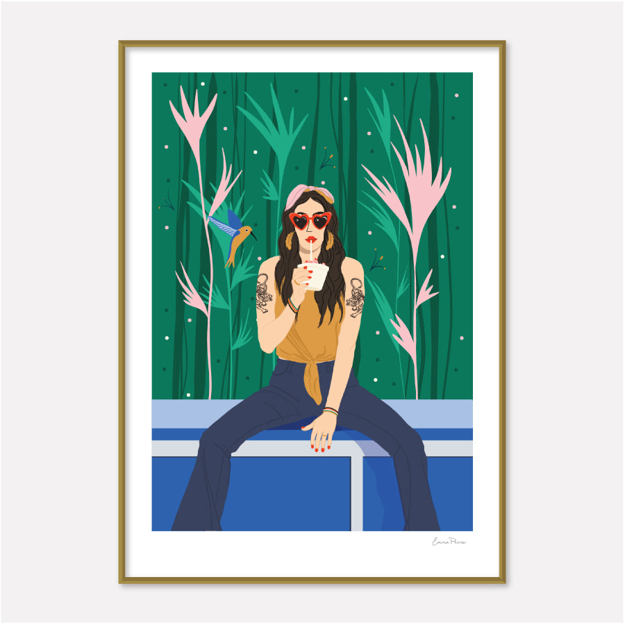 50's style girl with vibrant tattoos sitting on a worktop, sipping on a delicious milkshake. She's surrounded by a stunning and colourful botanical background