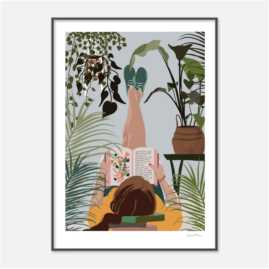 Botanical Illustration of girl reading surrounded by plants.  Print Illustrated by Studio Peers