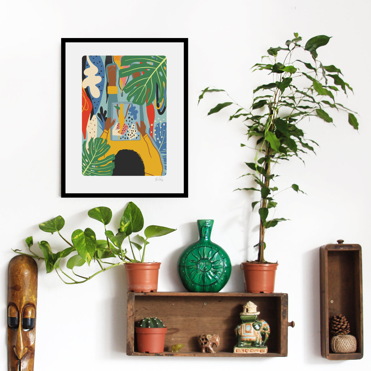 Illustration of woman reading a book in the Botanical Gardens surrounded by plants by Illustrator Emma Peers