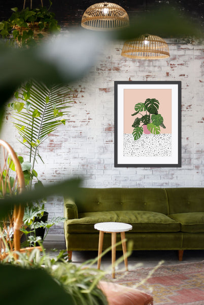 illustrated art print of swiss cheese plant by artist Emma Jane Peers