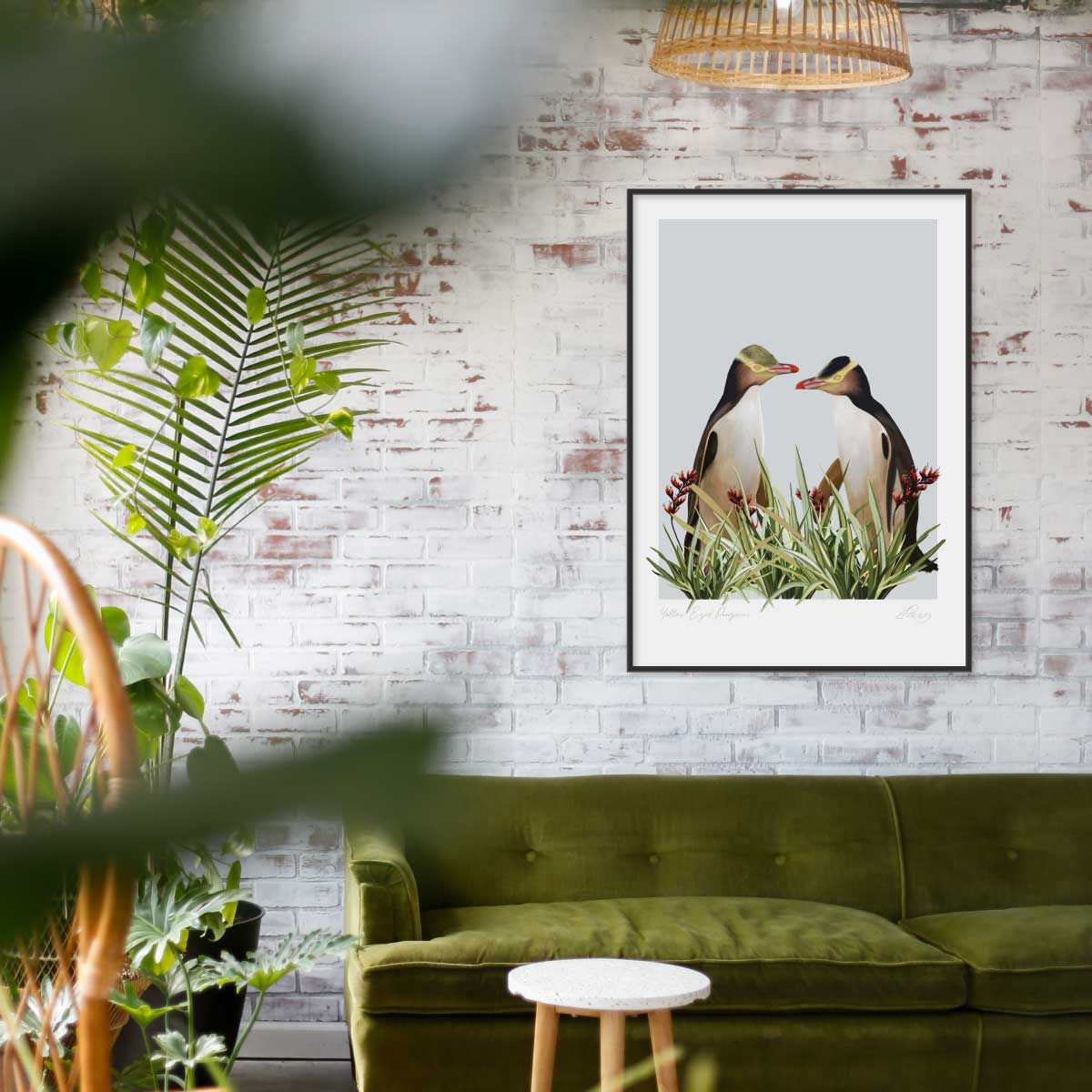 Framed Print Native New Zealand Yellow Eyed Penguin Painting. Wall art by Emma Peers