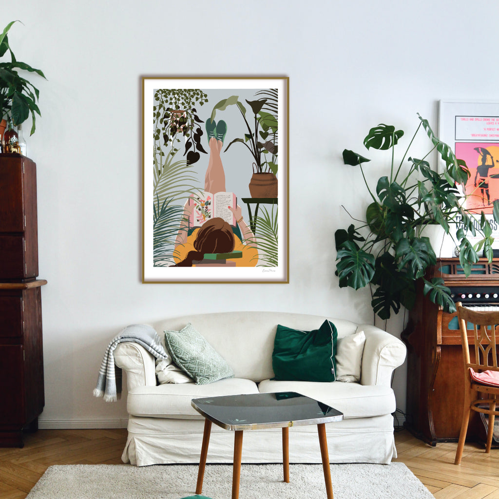 Botanical Illustration of woman reading surrounded by house plants